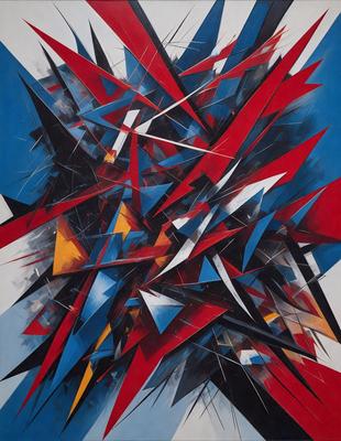 The primary subject of the image is a colorful and abstract artwork, featuring a mix of red, blue, yellow, and white colors. The setting is a painting or drawing, showcasing a vibrant and dynamic design. The visual style is a combination of digital art and illustration, creating a unique and eye-catching piece. The colors and mood of the artwork are lively and energetic, evoking a sense of excitement and creativity.